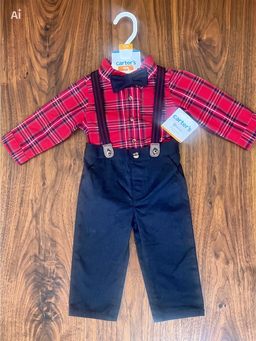Carter's Red Plaid Shirt with Black Bow Tie and Black Suspender Pants